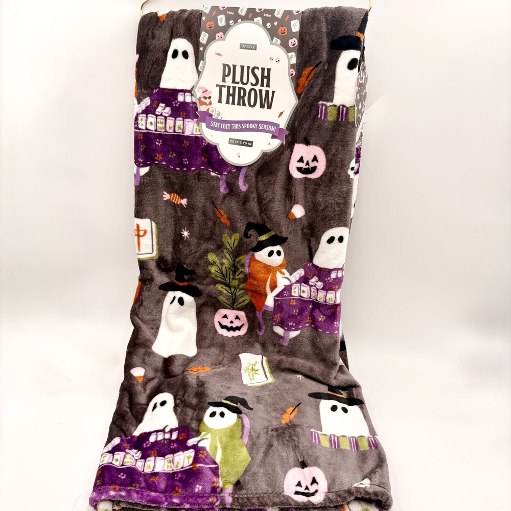 EnVogue Halloween Ghosts Playing Mahjong Plush Throw Blanket 60x70 Gray Pink